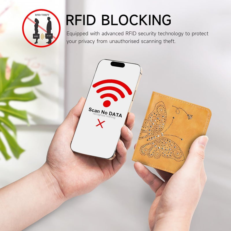 KITEVIUN محفظة RFID صغيرة للنساء رفيعة جداً محفظة نسائية مدمجة بجيوب مزدوجة محفظة سيدات باللون الأصفر - Image 5